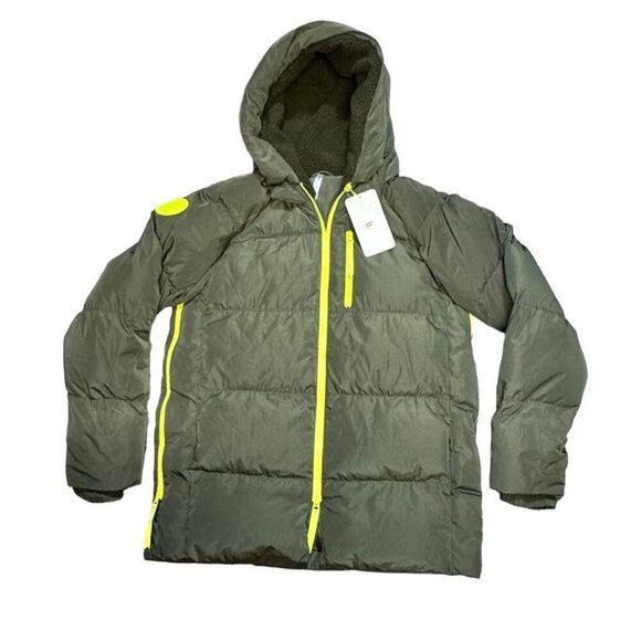 Fabletics Womens Green Hooded Puffer Jacket With Neon Zippers Coat Size S NEW - Picture 1 of 8